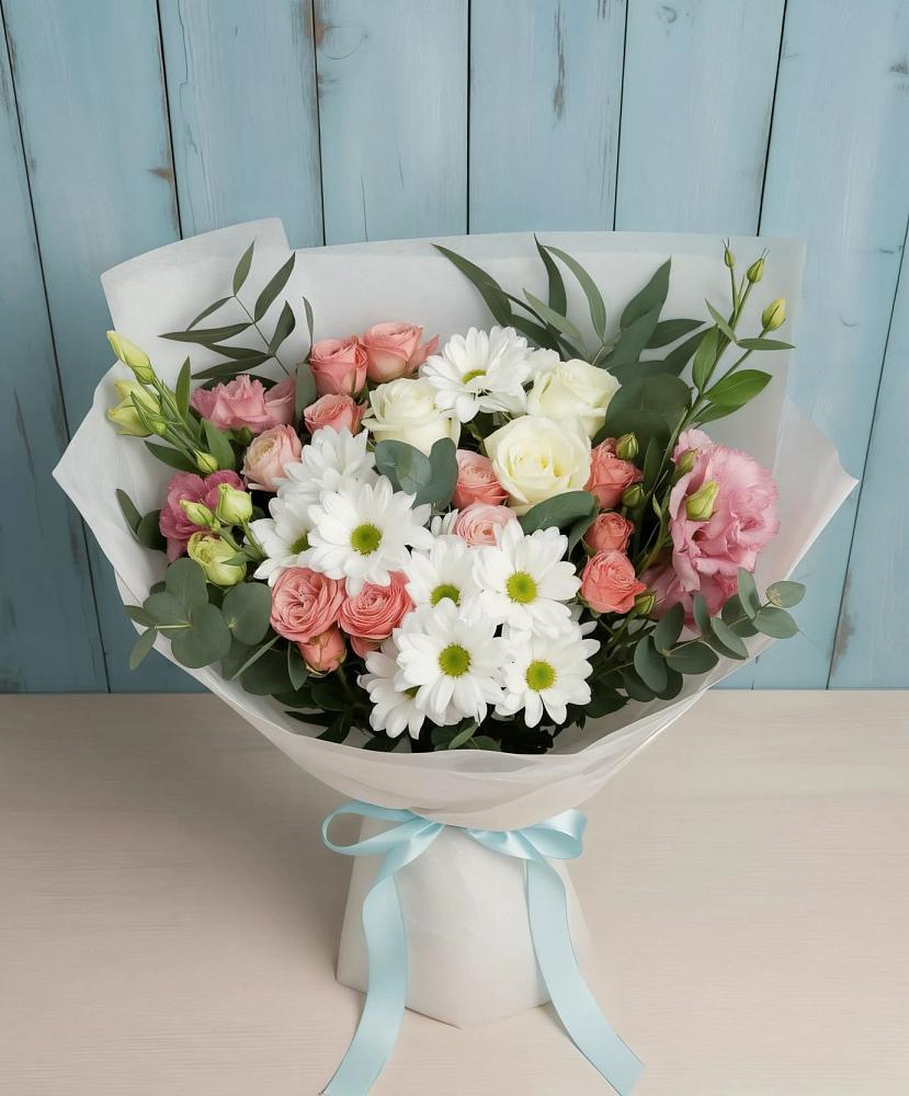 Букет цветов из: Розы, Лизиантусы и Хризантемы в Жилино-1