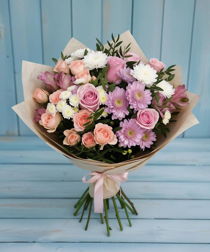 Букет цветов из: Хризантемы, Розы и Альстромерии в Жилино-1