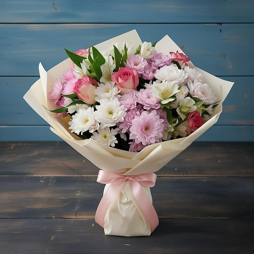 Букет цветов из: Хризантемы, Альстромерии и Розы в Жилино-1